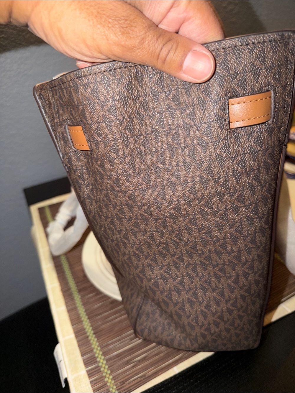 Michael Kors Brown MK Logo Tote with Tan Leather Accents - Picture 4 of 6